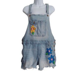 No Boundaries Juniors' Embroidered Flower Denim Bib Overall XXL
